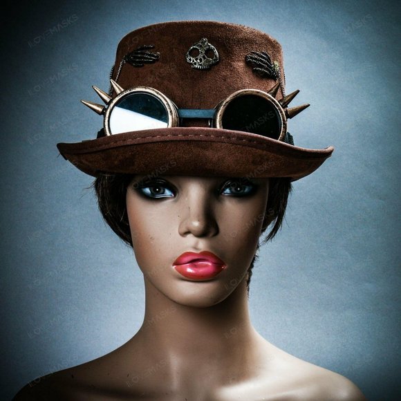 Brown Victoria Steampunk Spike Goggle Party Hat - Picture 2 of 8